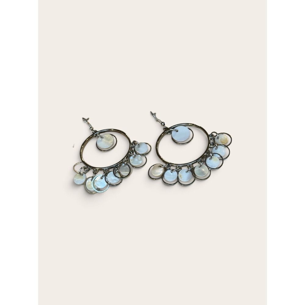 Silver Tone Mother of Pearl Shell Hoop Chandelier Drop Earrings Boho Coastal